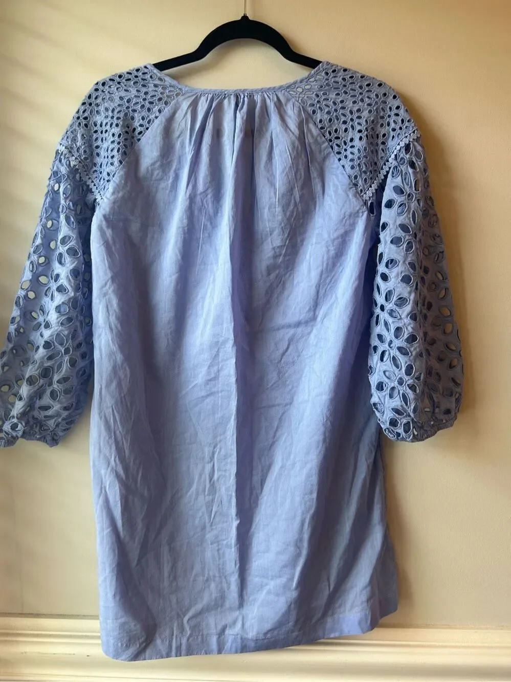 J.Crew Blue Eyelet Puff Balloon Sleeve Cotton Boho Tunic Top Size S festival